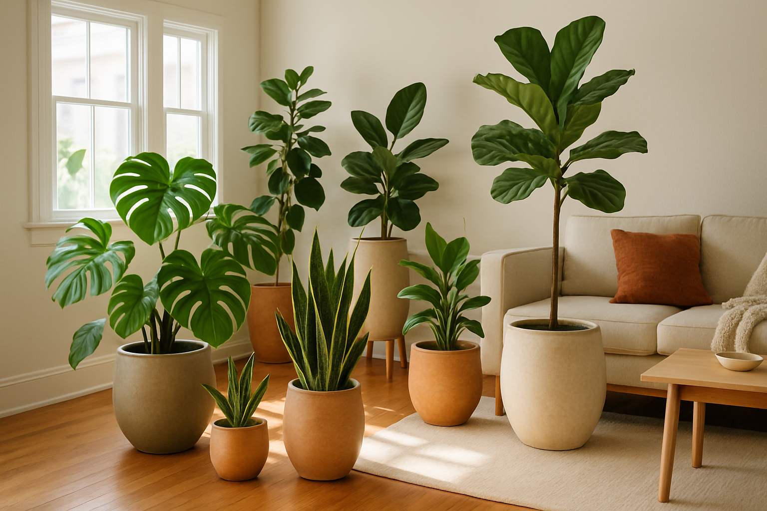 es un interior de una casa bastante limpia con plantas de decoracion con materas muy hermosas, y un ambiente muy amigable