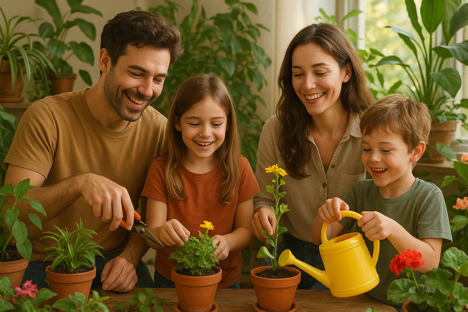 familia feliz cuidando sus plantas 